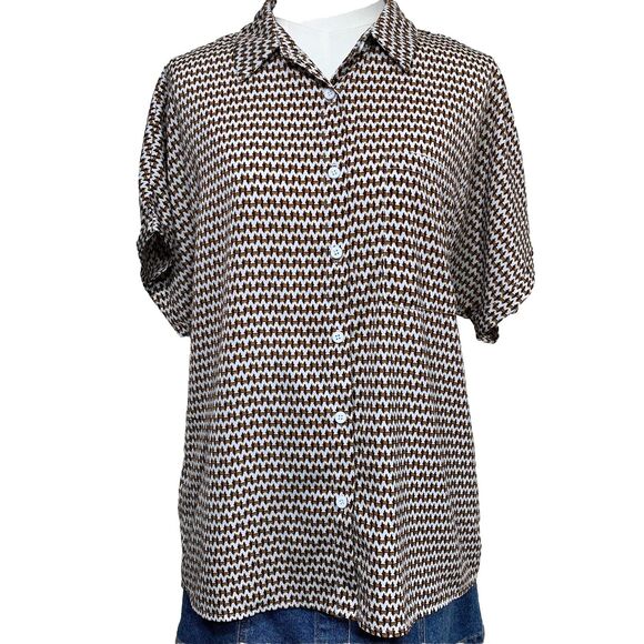 SHEIN Houndstooth Button Up Shirt Brown White Size L US 8/10 Short Sleeve Blouse - Picture 1 of 6
